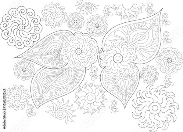 Obraz Detailed abstract floral line art for adult coloring, promoting relaxation, mindfulness, and stress relief. Intricate patterns for therapeutic zen art.