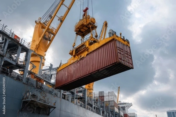 Fototapeta Crane efficiently loading a red cargo container onto a large shipping vessel at a bustling port under a cloudy sky