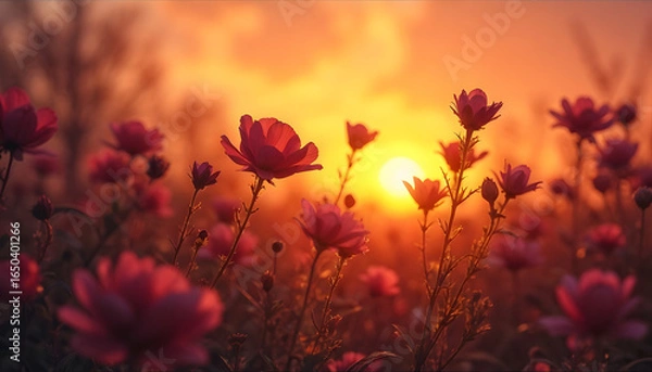Fototapeta a field of pink flowers backlit by a warm, golden sunset. The flowers are in focus, while the background is blurred, creating a soft and dreamy atmosphere.