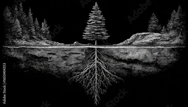 Obraz Monochromatic forest scene, roots & trees