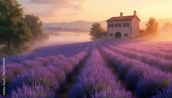Fototapeta a field of lavender with a house in the distance. The scene is bathed in a soft, warm light, with a layer of mist adding a dreamy quality.