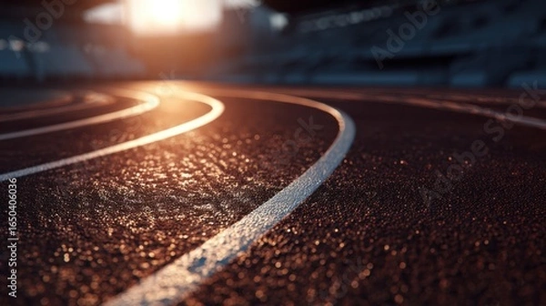 Fototapeta A close-up view of a running track, illuminated by sunset, showcasing the textured surface and white lane markings.