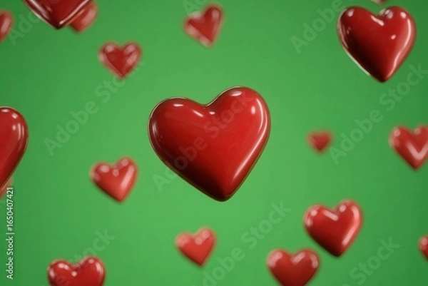 Fototapeta Floating red hearts on vibrant green background create a cheerful and romantic atmosphere perfect for celebrations and festive occasions