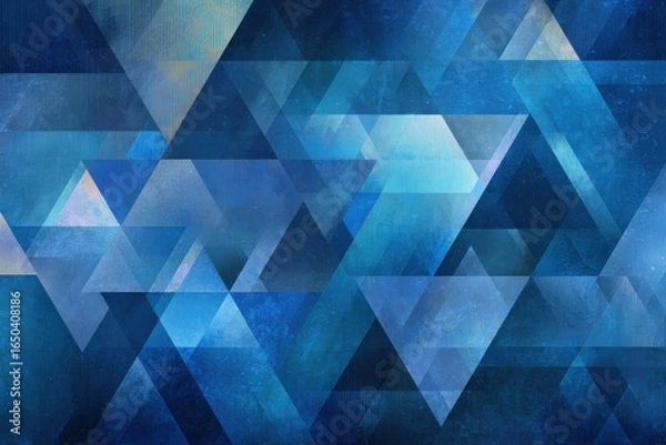 Fototapeta Vibrant blue abstract geometric pattern featuring a harmonious arrangement of triangles in various shades and sizes