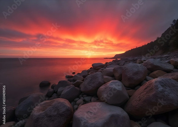 Fototapeta a vibrant sunset over a calm sea, with a rocky shoreline in the foreground. The sky is ablaze with red and orange hues, reflecting in the water.