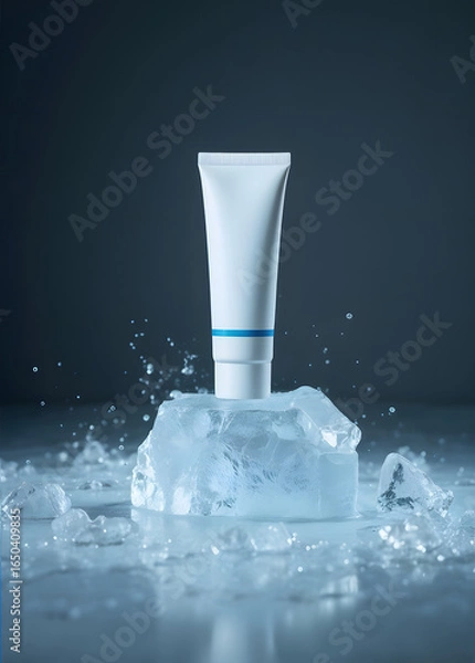 Fototapeta A white cosmetic tube with a blue stripe rests on a block of ice, with water droplets around it. The background is a dark, cool-toned gradient.