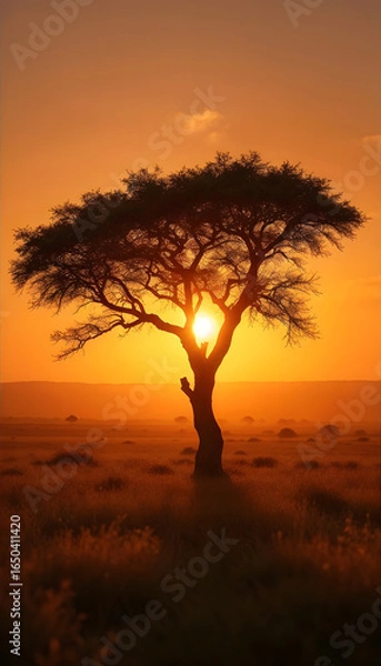 Fototapeta  a large tree silhouetted against a golden sunset. The sun is positioned behind the tree, creating a dramatic and warm atmosphere.