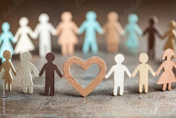 Fototapeta Diverse family structures representing love and unity with colorful paper cutouts arranged in a circle on a wooden background