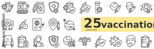Fototapeta Vaccination icon set in clean outline style for medical apps, healthcare dashboards, and immunization programs, containing 25 unique icons in single stroke thickness and monochrome color