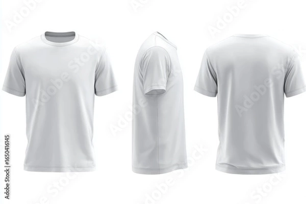 Fototapeta Realistic mockup showcasing a blank white men's t-shirt from multiple angles, perfect for apparel design and customization