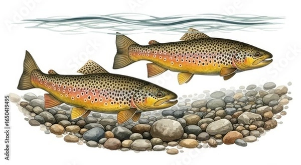 Fototapeta Two Brown Trout in a Rocky Stream - Detailed illustration of two brown trout swimming in a clear stream above a bed of smooth river rocks