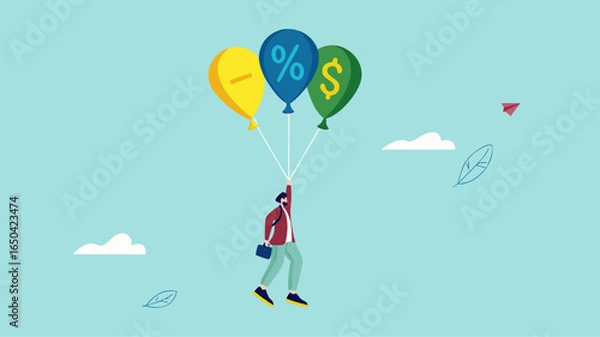 Obraz return on investment or dividend leads to financial freedom, compound interest growth on capital, successful investment strategy, businessman flying using balloon with dollar icon and growth graph