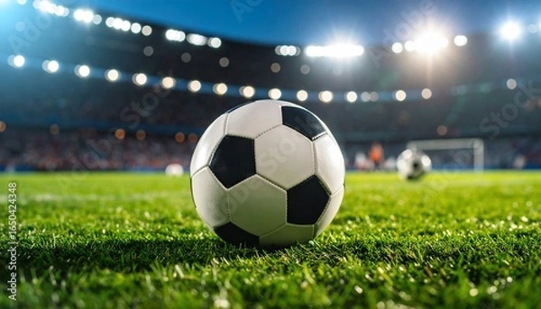 Fototapeta Soccer Ball in a Stadium with Bright Lights and Green Grass Close Up