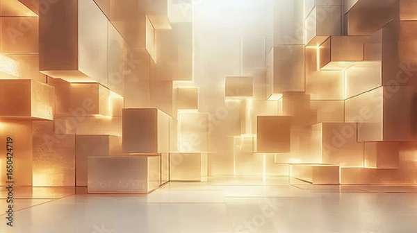 Obraz Abstract architectural interior, glowing golden cubes