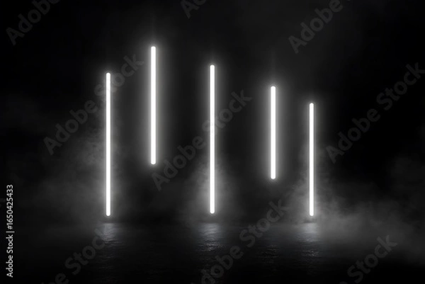 Fototapeta A dark background with vertical white neon lines in the center, with smoke on the top and bottom of each line,