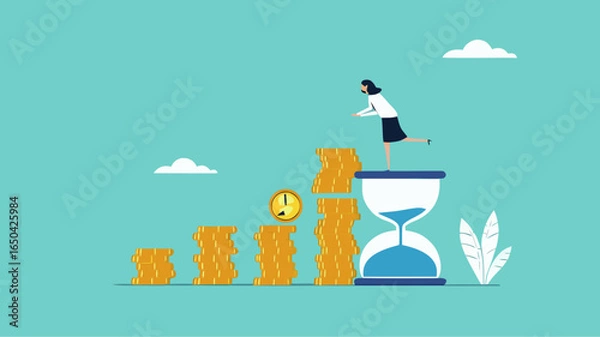 Obraz long term investment concept, Growth Earning From Compound Interest In Long Term Investing, businesswoman makes financial growth graph by stacking gold coins on top of hourglass vector illustration