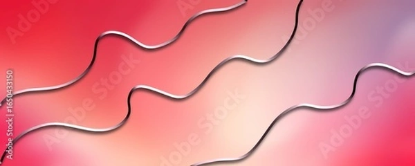 Fototapeta Colorful red and pink abstract background with metallic silver wavy lines, creating a soft and modern design