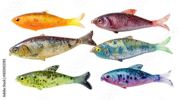Fototapeta Assortment of colorful artificial fishing lures in various shades.