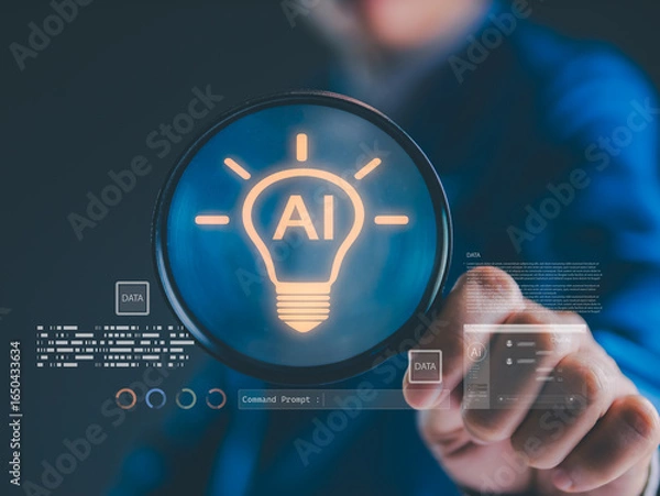 Obraz Businessman holding magnifying glass with AI light bulb icon, symbolizing innovation, data analysis, machine learning, and artificial intelligence technology in modern digital business