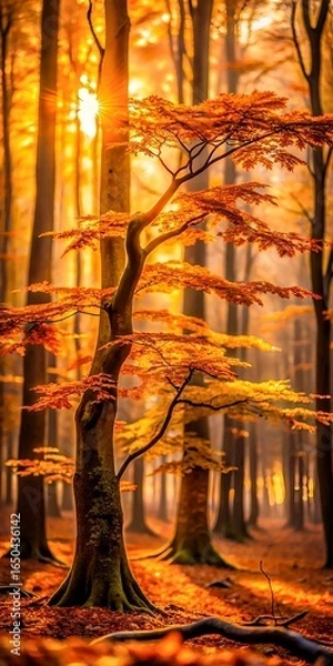 Fototapeta Golden autumn forest with sunlight filtering through vibrant foliage