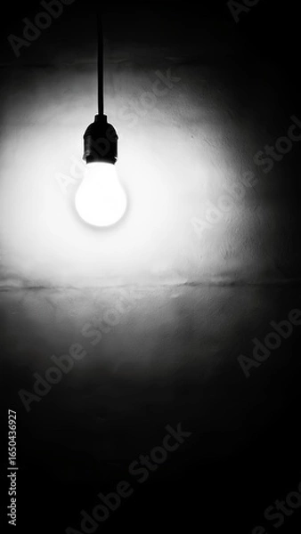 Fototapeta A single light bulb illuminates a dark room casting a bright glow