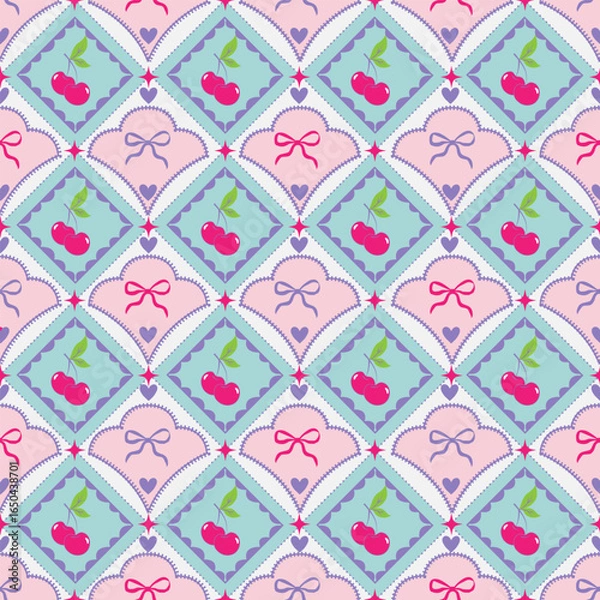 Fototapeta Seamless cherry pattern with pastel background. Cute fruit design for decor, fabric, wallpaper, stationery, and wrapping paper. Perfect for cheerful decorative projects.