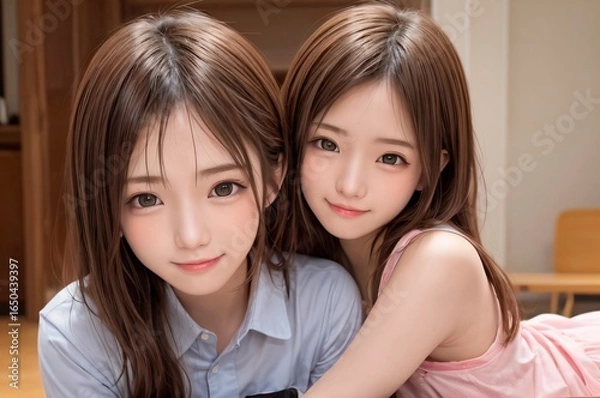 Obraz 若い女性が寄り添う家族のイラスト。笑顔が可愛い姉妹の室内ポートレート