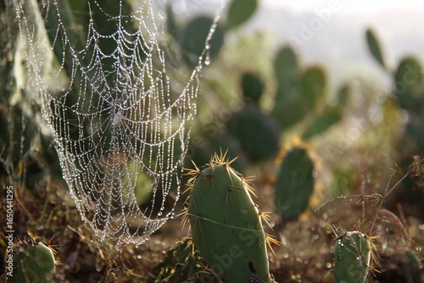 Fototapeta Morning dew on spiderwebs between cacti 