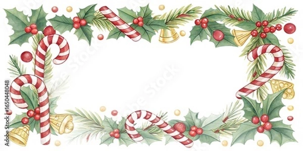 Obraz Watercolor Christmas frame with candy canes, holly, berries, golden bells. A festive holiday design for cards or greetings, set on a bright background.