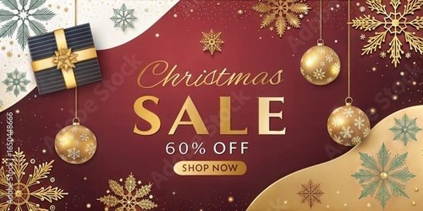 Obraz A Christmas sale offering 60 off. Elegant gold ornaments and snowflakes adorn a deep red backdrop, creating a festive holiday atmosphere. Shop now