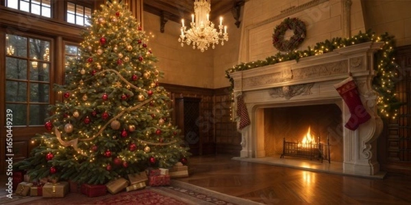 Fototapeta A cozy holiday scene featuring a decorated Christmas tree, gifts, and a glowing fireplace in an elegant room. A festive and inviting atmosphere.