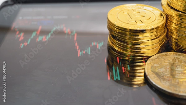 Fototapeta Stack of gold colored coins with Bitcoin symbol is placed on tablet displaying financial chart, symbolizing cryptocurrency trading and investment