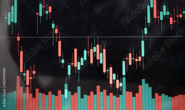 Fototapeta Candlestick chart showing financial market trends with red and green bars indicating price movements and volume. chart reflects stock market analysis and trading data insights