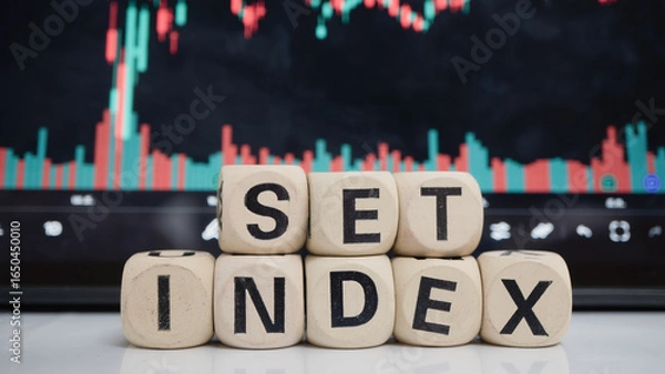 Fototapeta Wooden blocks spelling SET INDEX are placed in front of digital stock market chart displaying fluctuating red and green candlesticks, symbolizing financial market trends