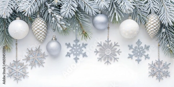 Fototapeta A festive winter scene of silver Christmas ornaments, pine cones, and sparkling snowflakes against frosted branches, creating a bright, holiday background.