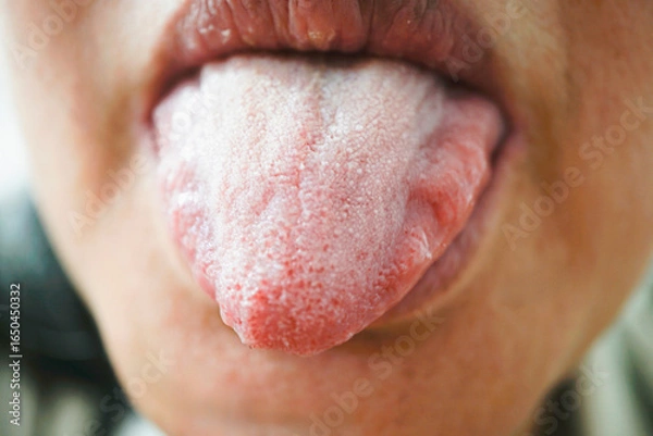 Fototapeta Close up image of person sticking out their tongue, showing texture and detail. focus is on mouth and tongue, highlighting natural surface and color