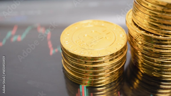 Fototapeta Golden coins with digital currency symbol are stacked against blurred background of financial chart, suggesting investment and market trends