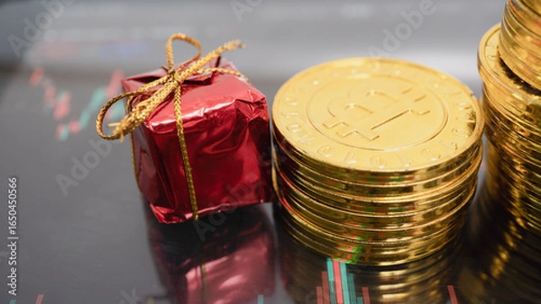 Fototapeta Small red gift box sits next to stacks of shiny gold coins with Bitcoin symbol, placed on digital financial chart background, symbolizing cryptocurrency investment and festive gifting