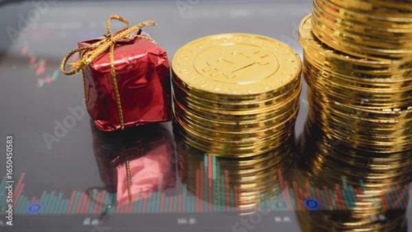 Fototapeta Stack of shiny gold coins and small red gift box with bow are placed on digital tablet displaying financial chart, symbolizing investment and holiday savings