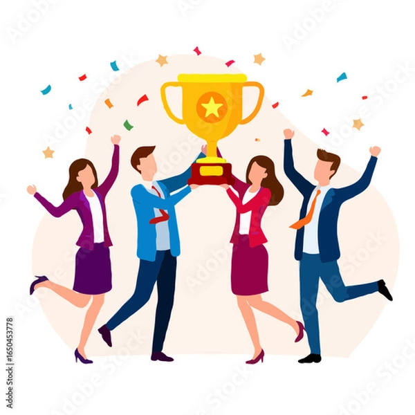 Obraz Team celebrates winning a golden trophy with confetti and stars