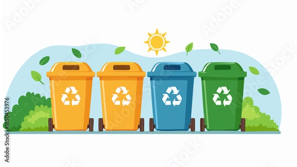 Fototapeta Eco-friendly lifestyle illustration showing people recycling waste, using green bins, and promoting environmental sustainability through proper garbage disposal