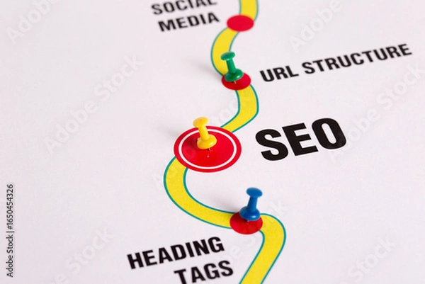 Fototapeta SEO Search Engine Optimization Keyword Research Techniques Traffic Growth Concept
