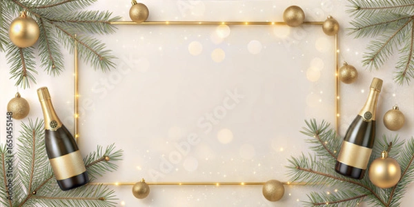 Fototapeta Festive New Years scene featuring champagne, golden ornaments, and pine branches. It evokes celebration and warmth with a soft, dreamy bokeh background.