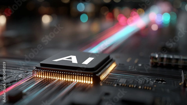 Fototapeta AI Word on Microchip with Colorful Light Beam - Futuristic Technology Concept. Generative AI