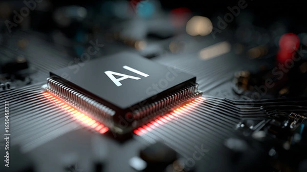 Fototapeta AI Word on Microchip with Colorful Light Beam - Futuristic Technology Concept. Generative AI
