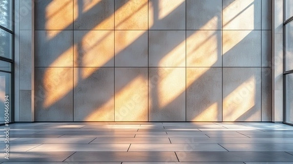 Fototapeta Empty modern interior with sunlight streaming through large windows (1)
