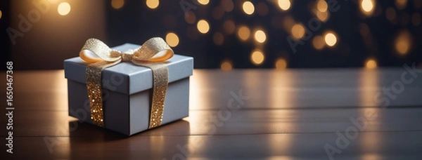 Fototapeta Grey gift box on blured bokeh background