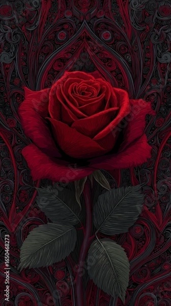 Fototapeta A vivid red rose against a deep black background, accented with elegant floral designs that add a touch of romance and sophistication.Romantic Elegance: Red Rose on Black with Floral Accents. Red Rose
