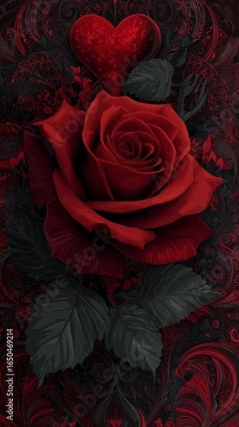 Fototapeta A vivid red rose against a deep black background, accented with elegant floral designs that add a touch of romance and sophistication.Romantic Elegance: Red Rose on Black with Floral Accents. Red Rose