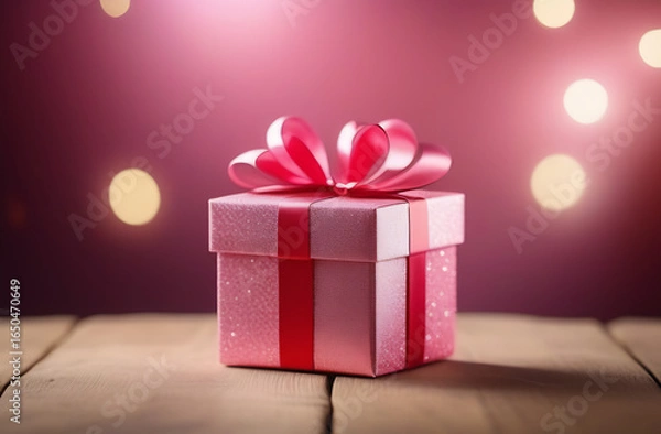 Fototapeta Gift Box in pink paper with red bow and bokeh